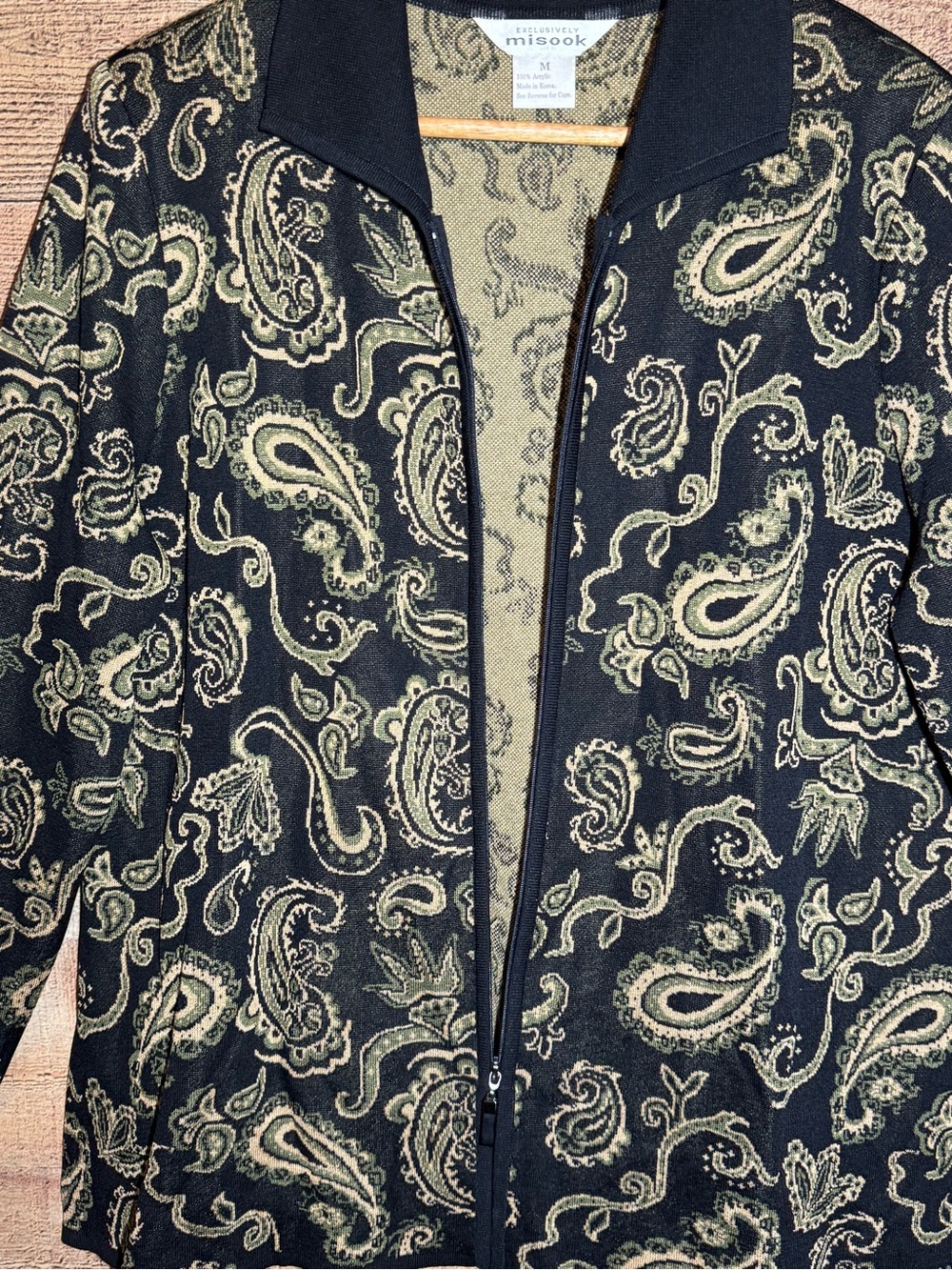 Vintage Exclusively Misook Black Tan Green Paisley Full Zip Cardigan size Medium - Picture 4 of 7